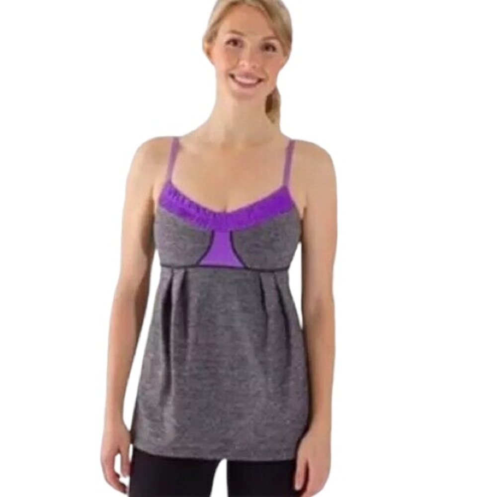 Lululemon Yogi Dance Top in Heathered Black & Lilac. Size 4. Pristine Condition.